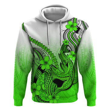 Hawaii Hoodie Polynesian Shark Tattoo With Plumeria Green Gradient LT14