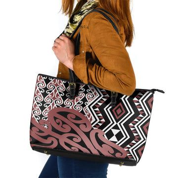 New Zealand Leather Tote Bag Aotearoa Kowhaiwhai Mix Taniko Art LT14