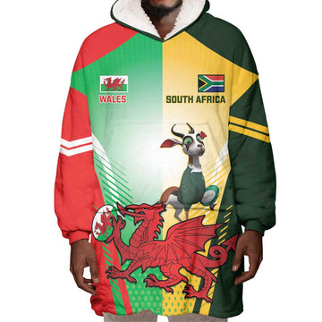 Custom South Africa And Wales Rugby Wearable Blanket Hoodie Springboks Welsh Mascots Dynamic Version LT14