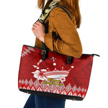 Personalised Tonga King Tupou I Day Leather Tote Bag Tongan Ngatu Pattern With Crown LT14