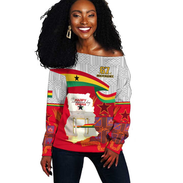Ghana Independence Day Off Shoulder Sweater Gana Map Happy 67 Years Anniversary LT14