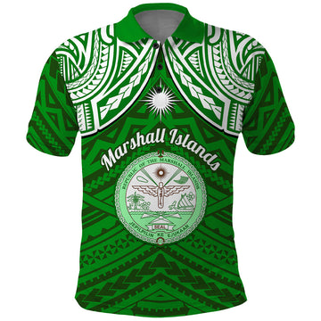 Personalised Marshall Islands Polo Shirt Green Polynesian Tribal Mix Coat Of Arms LT14