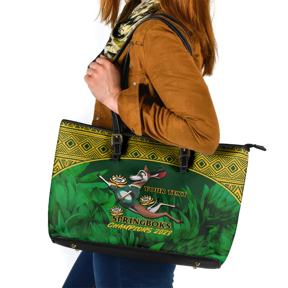 Custom South Africa Rugby Leather Tote Bag Go Bokke World Cup Champions History LT14