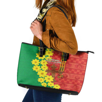 Enkutatash Ethiopia Leather Tote Bag Melkam Addis Amet Adey Abeba Flower LT14