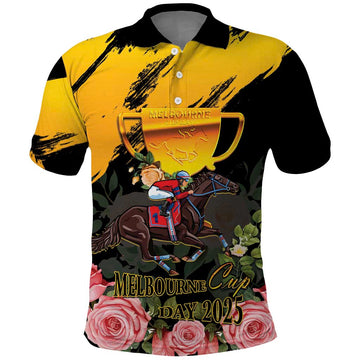 Personalised Australia Melbourne Cup Day Polo Shirt Horse Racing Trophy With Roses LT14