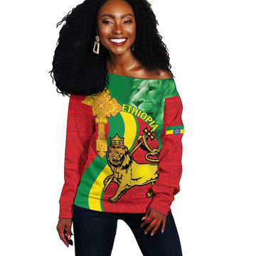 Ethiopia National Day Off Shoulder Sweater Ethiopia Lion of Judah African Pattern LT14