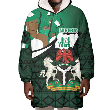 Nigeria Independence Day Wearable Blanket Hoodie Happy 64 Years Of Anniversary African Pattern LT14