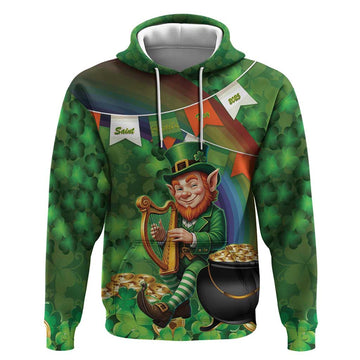Happy Saint Patrick's Day Hoodie Leprechaun With Irish Harp - Shamrock Pattern LT14