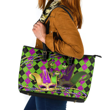 Mardi Gras 2024 Leather Tote Bag Jester Mask With Beads Colorful Version LT14