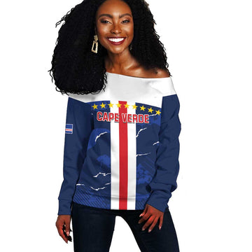 Custom Cape Verde Football Off Shoulder Sweater Blue Sharks Sporty LT14