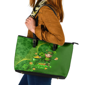 Happy St Patricks Day Leather Tote Bag 2024 Irish Shamrocks With Lucky Leprechaun LT14