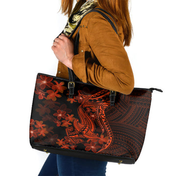 Red Polynesia Leather Tote Bag Shark Tattoo With Polynesian Plumeria LT14