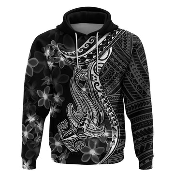 Black Polynesia Hoodie Shark Tattoo With Polynesian Plumeria LT14