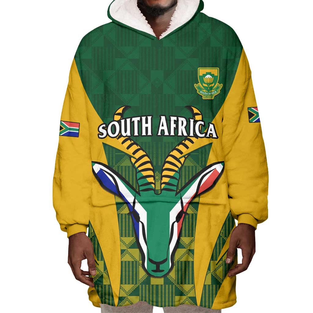 Custom South Africa Rugby Wearable Blanket Hoodie Go Springboks Kente With Bokke LT14