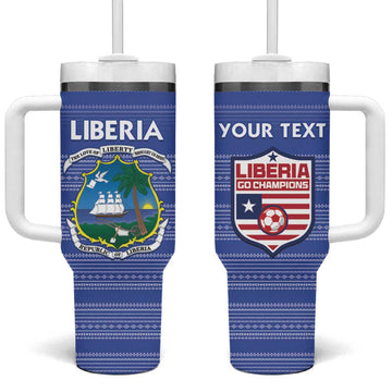 Custom Liberia Football Tumbler With Handle African Tribal Pattern - Blue Jersey LT15