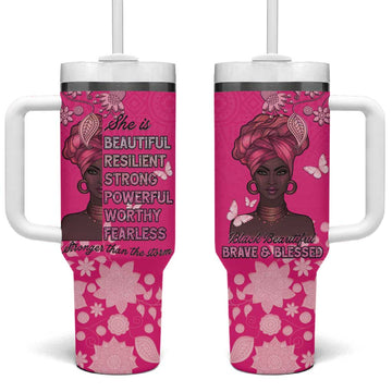 African Women Black Beautiful Brave and Bressed - Pink Color Tumbler With Handle LT15