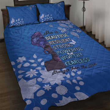 African Women Black Beautiful Brave and Bressed - Blue Color Quilt Bed Set LT15
