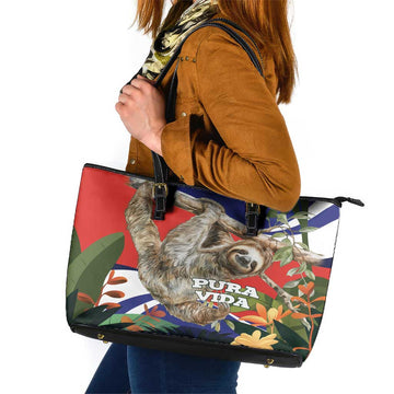 Pura Vida Costa Rica Sloth Leather Tote Bag Tropical Flowers Flag Color LT15