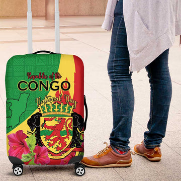 Personalized Congo Brazzaville National Day Luggage Cover Coat Of Arms Hibiscus Flower LT15