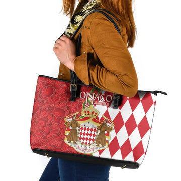 Monaco National Day Leather Tote Bag Coat Of Arms Mix Red Carnation Pattern LT15