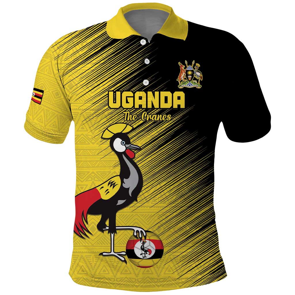 Custom Uganda Football Polo Shirt Black Crowned Crane Mix Grunge Style - Yellow Color LT15