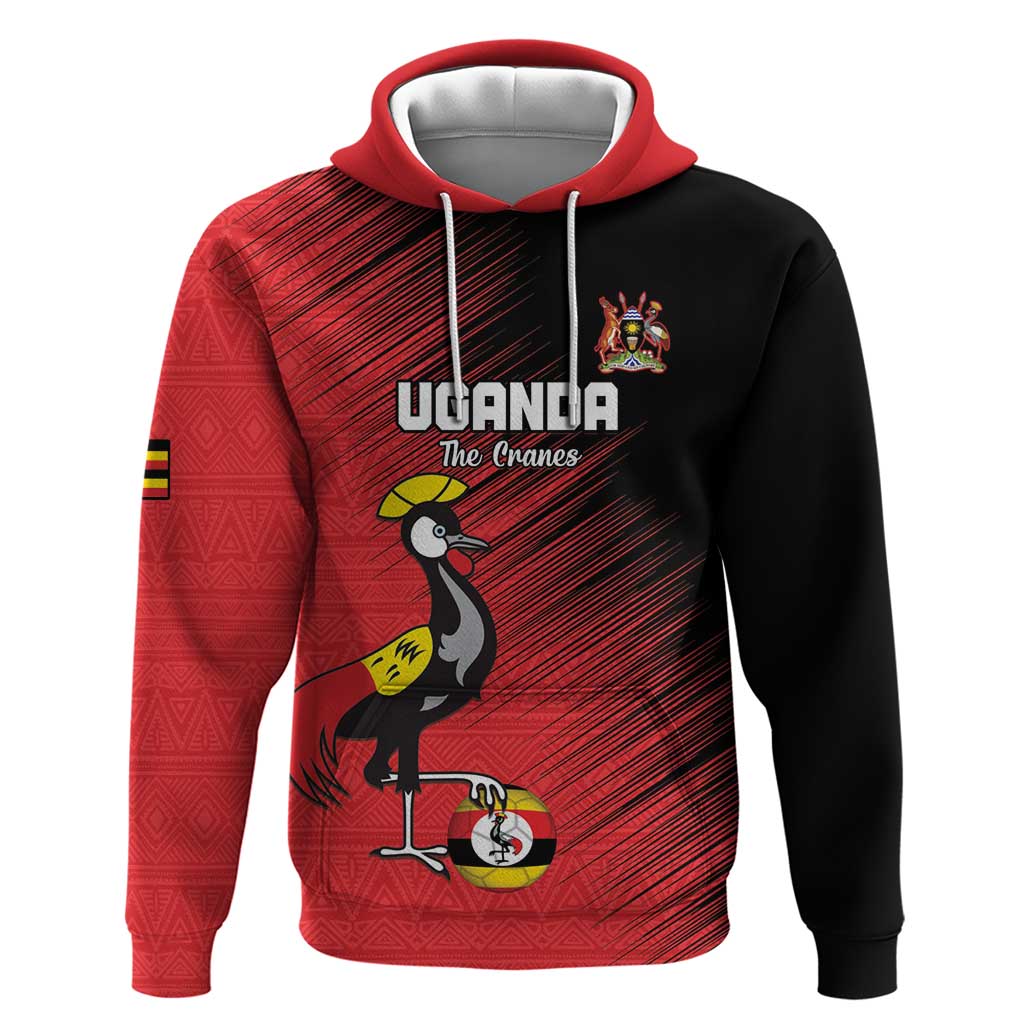 Custom Uganda Football Hoodie Black Crowned Crane Mix Grunge Style - Red Color LT15