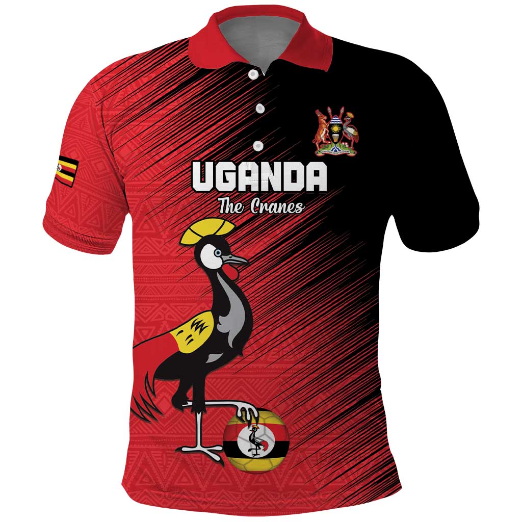Custom Uganda Football Polo Shirt Black Crowned Crane Mix Grunge Style - Red Color LT15