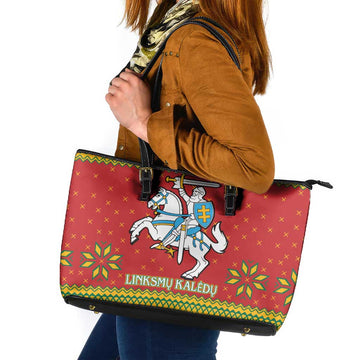 Lithuania Christmas Leather Tote Bag Coat Of Arms Linksmu Kaledu LT15