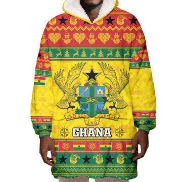 Afro Ghana Christmas Wearable Blanket Hoodie Coat Of Arms - Kente Pattern LT15