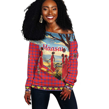 Maasai Adumu Dance Off Shoulder Sweater Shuka Pattern - Kenya Safari LT15