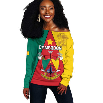 Personalised Cameroon National Day Off Shoulder Sweater Lion Mix Coat Of Arms Style LT15