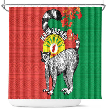 Happy Madagascar Independence Day Shower Curtain Ring-Tailed Lemur With Seal Of Madagasikara LT15