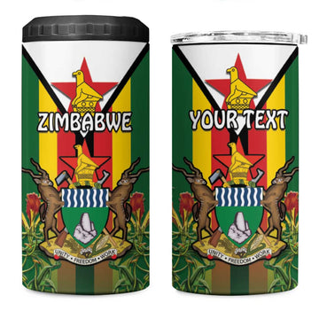 Personalised Zimbabwe Independence Day 4 in 1 Can Cooler Tumbler Coat Of Arms Fire Lilies LT15