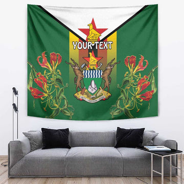 Personalised Zimbabwe Independence Day Tapestry Coat Of Arms Fire Lilies LT15