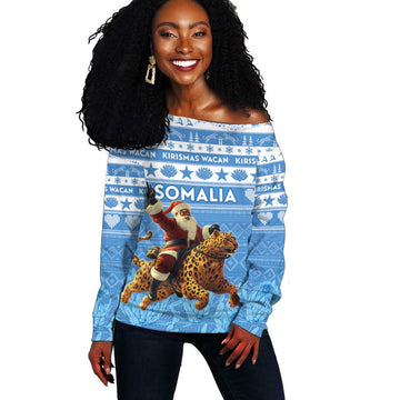 Personalized Afro Somalia Christmas Off Shoulder Sweater Black Santa Riding Leopard - African Pattern LT15
