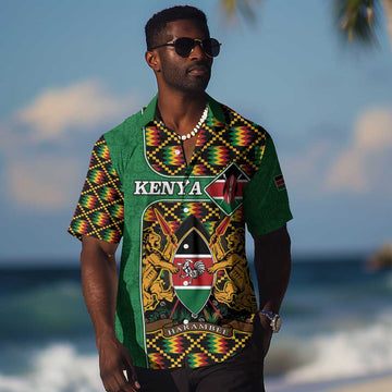 Kenya Hawaiian Shirt - Kente Pattern, Coat Of Arms Design LT15
