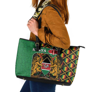 Kenya Leather Tote Bag Coat Of Arms Kente Pattern LT15