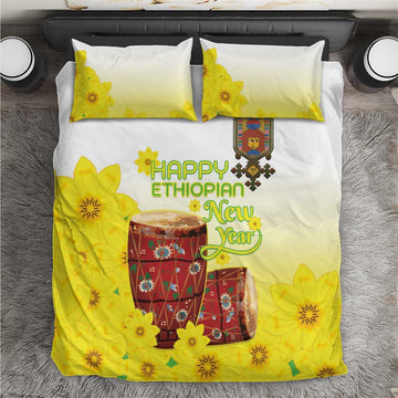 Melkam Enkutatash Ethiopian Bedding Set Kebero Drum With Adey Abeba Flower LT15