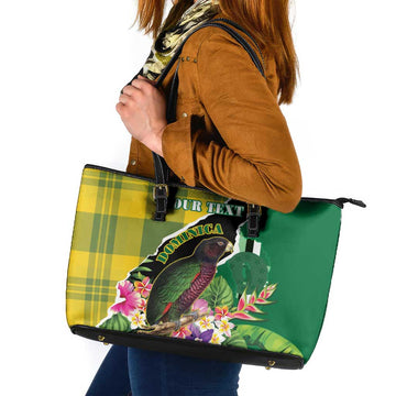 Personalised Dominica Independence Day Leather Tote Bag Sisserou Parrot With Tropical Flowers LT15