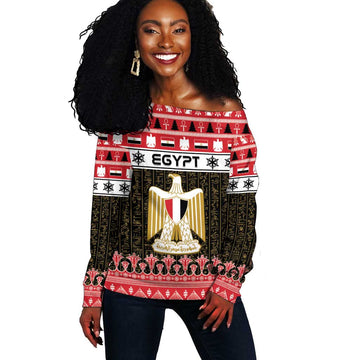 Afro Egypt Christmas Off Shoulder Sweater Coat Of Arms Mix Egyptian Pattern LT15