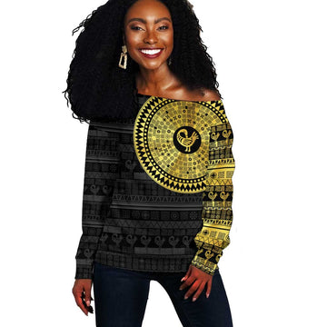 African Adinkra Off Shoulder Sweater Sankofa Bird - Gold Version - Chest Arm Tattoo LT15