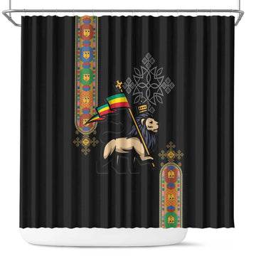 Ethiopia Saba Kemis Shower Curtain Ethiopian Cross Lion Of Judah Black Color LT15
