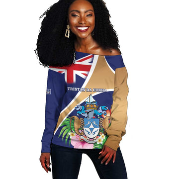 Personalized Tristan da Cunha Off Shoulder Sweater Coat Of Arms Tropical Flowers LT15