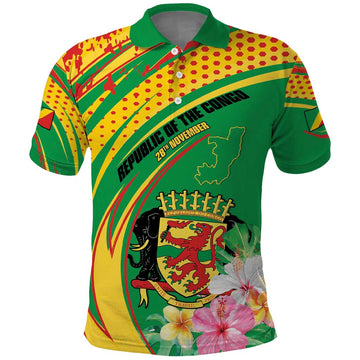 Personalized Congo Republic Day Polo Shirt Coat Of Arms With Tropical Flower LT15