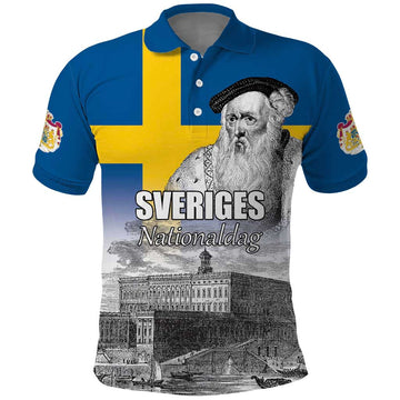 Sweden Sveriges Nationaldag Polo Shirt King Gustav Vasa with Stockholm Slott LT17