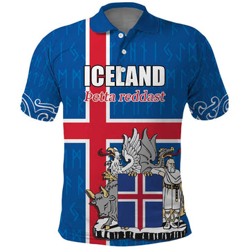 Personalized Iceland Coat of Arms Polo Shirt Runic Alphabet Viking Runes Pattern LT17