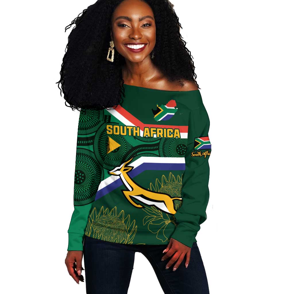 Custom South Africa Rugby Off Shoulder Sweater Springboks Mascot African Pattern LT18