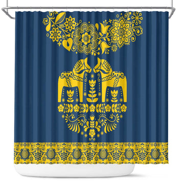 Sweden Dalecarlian Horse Shower Curtain Floral Folk Pattern Blue Version LT18