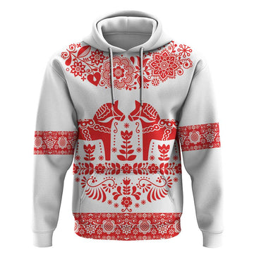 Sweden Dalecarlian Horse Hoodie Floral Folk Pattern White Version LT18