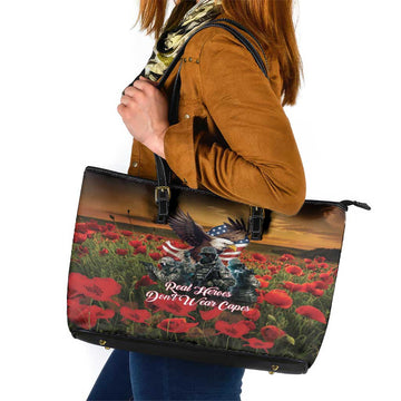 US Veterans Day American Army Leather Tote Bag With Poppy Flowers LT18
